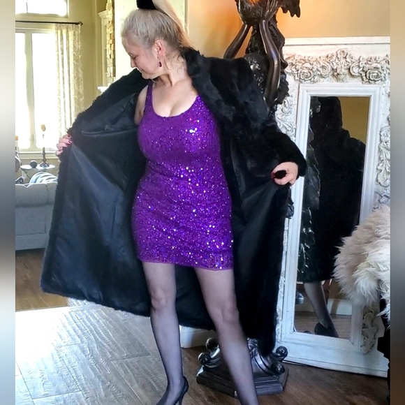 Black, long, Ultra Soft Rabbit Fur Coat with Tuxedo Collar - Picture 6 of 17